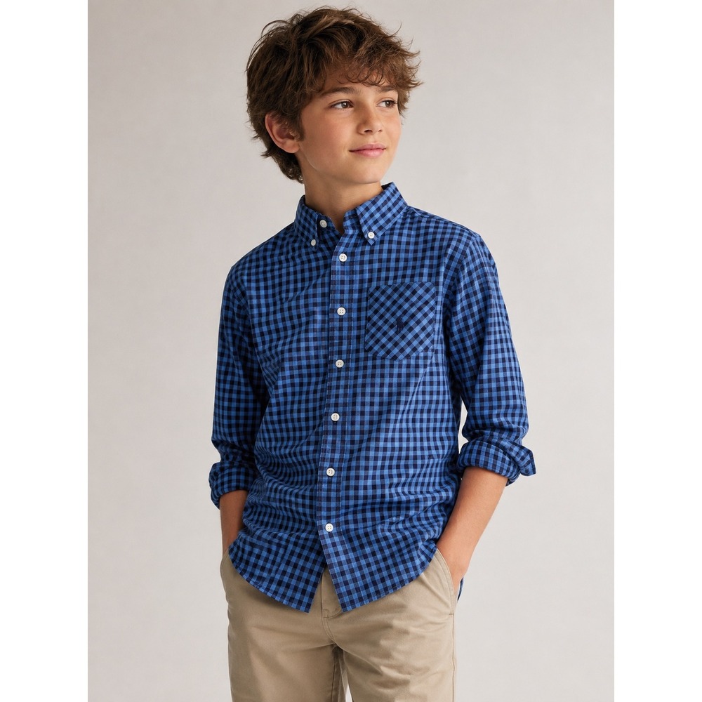 Ralph Lauren Boys Blue Gingham Button Down Shirt Size M 10-12 Long Sleeve Pony